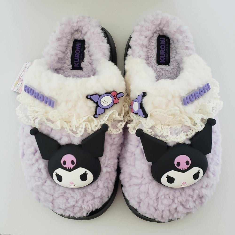 Kuromi Purple Fuzzy Slippers Women 6-6.5 Sanrio Coquette Lace Charms Faux Sherpa